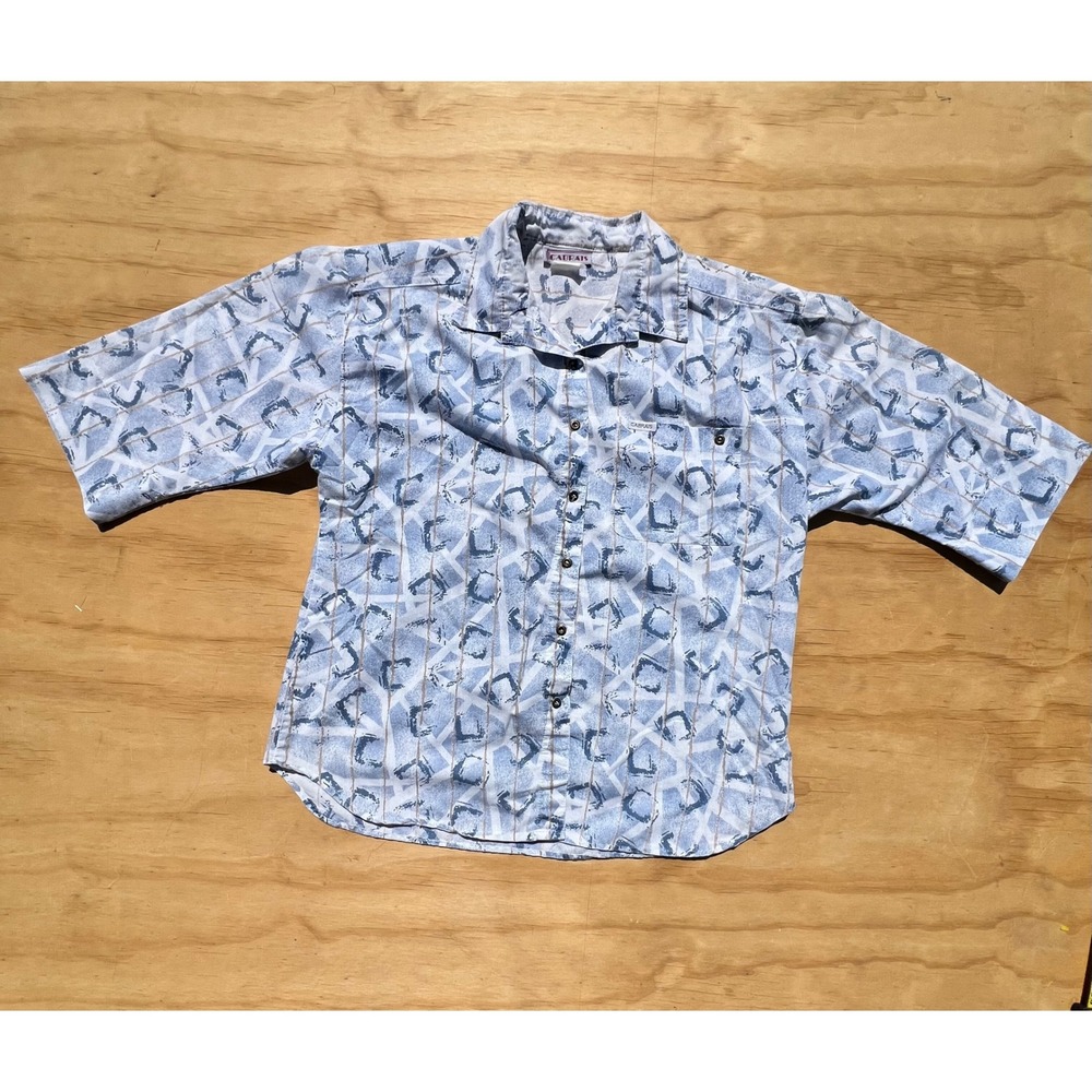 Cabrais Vintage 90s Geometric Abstract Print Short Sleeve Button Down Shirt Blue